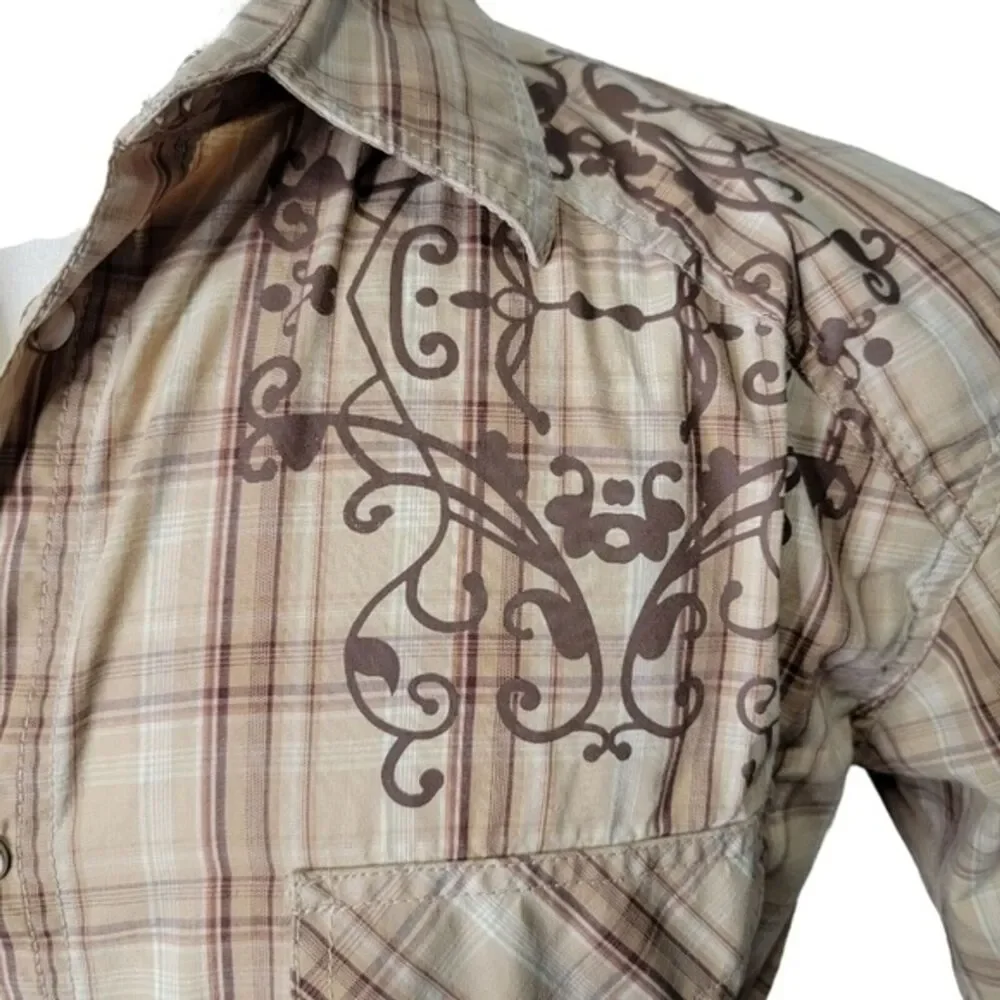 Demand Western brown plaid short sleeves shirt Size M button up casual * - Picture 5 of 8